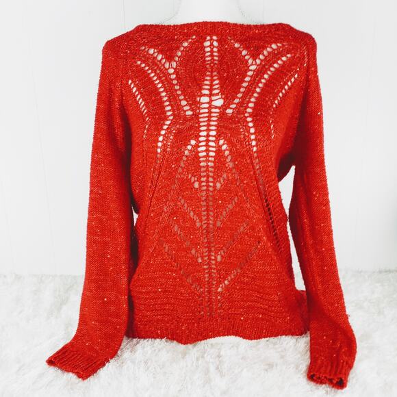 New Directions Women's Large Sequined Bright Red Open Knit Sweater - Picture 1 of 11